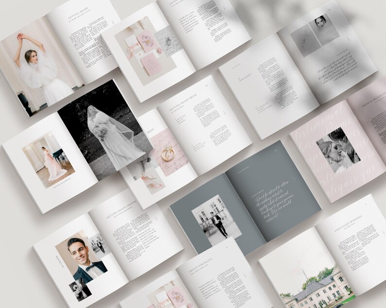 88-page client welcome guide for wedding photography featuring pre-written copy, professional editorial layouts, and customizable Canva pages. designed by whitetint design