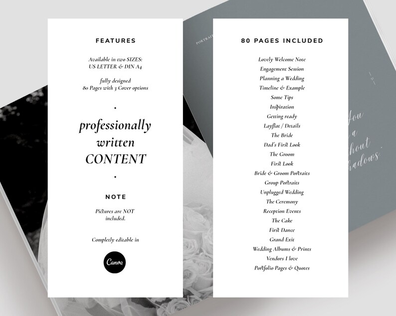 modern elegant canva wedding welcome client guide for wedding photographers by white tint design
