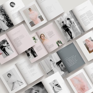 88-page client welcome guide for wedding photography featuring pre-written copy, professional editorial layouts, and customizable Canva pages. designed by whitetint design