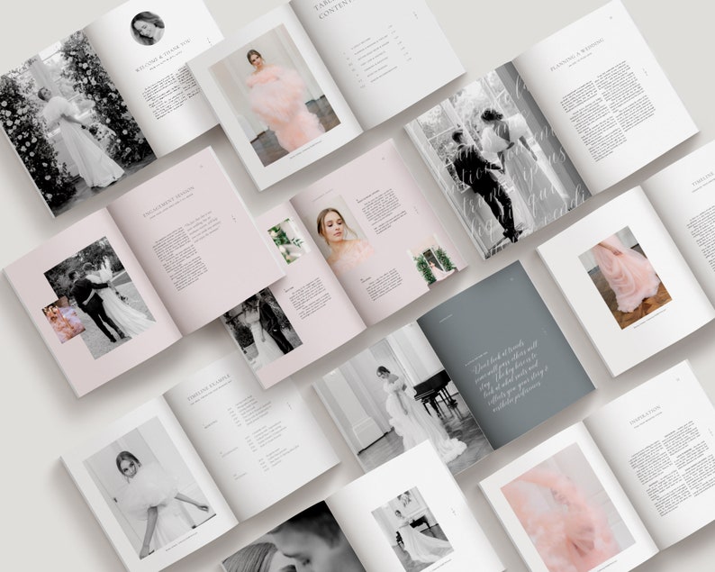 88-page client welcome guide for wedding photography featuring pre-written copy, professional editorial layouts, and customizable Canva pages. designed by whitetint design