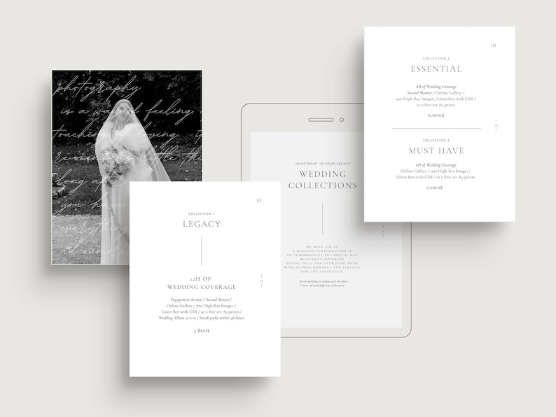modern elegant wedding photography pricing services guide template for wedding photographers editable in Canva white tint design