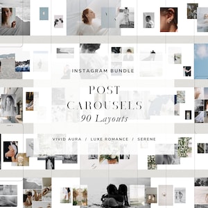 Könnte beinhalten: Eine Collage aus 90 Instagram-Post-Karussell-Layouts für soziale Medien. Die Layouts sind im minimalistischen Stil mit weißem Hintergrund und zeigen Bilder von Paaren, Hochzeiten und Natur. Der Text "INSTAGRAM BUNDLE POST CAROUSELS 90 Layouts VIVID AURA / LUXE ROMANCE / SERENE" wird in der Mitte des Bildes angezeigt.