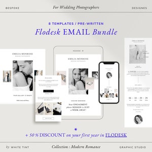 May include: A mockup of an email template for wedding photographers. The template is designed in a modern, minimalist style with a black and white color scheme. The text on the template reads "Flodesk Email Bundle" and "+ 50% Discount on your first year in Flodesk".