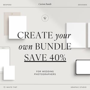 Könnte beinhalten: Erstelle dein eigenes Bundle und spare 40% auf Hochzeitsfotografie-Vorlagen. Das Bild zeigt eine Vielzahl von Mockups, darunter ein Telefon, ein Tablet und Karten, alle mit weißem Hintergrund.