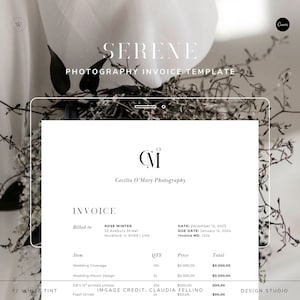 Könnte beinhalten: Eine Fotorechnungsvorlage mit dem Titel "Serene" mit minimalistischem Design. Die Rechnung enthält Angaben zur Rechnungsstellung, detaillierte Leistungen und Fälligkeitstermine. Das Design zeichnet sich durch eine weiche, neutrale Farbpalette und elegante Typografie aus.
