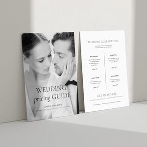 Listino prezzi per la fotografia moderna, listino prezzi per servizi minimi per fotografi di matrimoni, modello di guida ai prezzi stampabile Canva, scheda promozionale