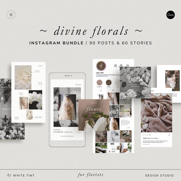Aesthetic Instagram Bundle For Wedding Florists And Floral Designer, Modern Canva Social Media Templates, Flower Shop IG Stories And Posts