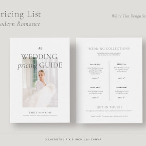 Lista de preços de fotografia moderna, tabela de preços de serviços mínimos para fotógrafos de casamento, guia de preços para impressão no modelo Canva, cartão promocional