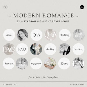 Könnte beinhalten: Ein Satz von 32 Instagram-Highlight-Cover-Icons für Hochzeitsfotografen. Die Icons sind weiße Kreise mit schwarzem Text und Bildern. Der Text beinhaltet "Über uns", "FAQ", "Buchung", "Hochzeit", "Liebesbriefe", "Verlobung" und "E&M".