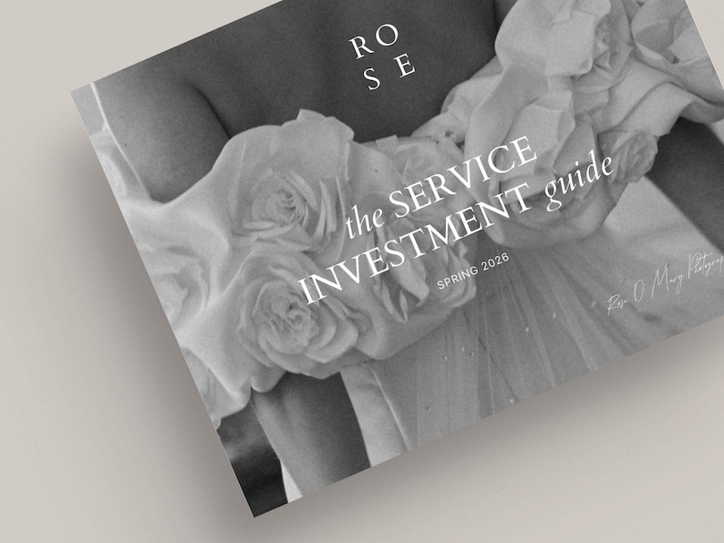 May include: Monochrome image of a guide titled "the SERVICE INVESTMENT guide" with the word "ROSE" at the top. The guide is held by a person wearing a dress with floral embellishments. The text "SPRING 2026" is also visible.
