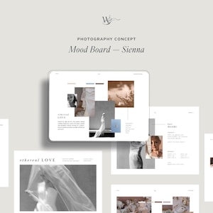 Modern moodboard voor fotografie, Canva-sjabloon, minimalistisch concept-visionboard voor fotografen, korte beschrijving van een fotoshoot in een bepaalde stijl