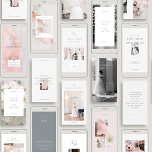 May include: A collection of digital marketing graphics for a wedding photographer. The graphics feature a variety of designs, including floral patterns, text overlays, and images of brides. The text on the graphics includes phrases like "Ask Me Anything", "Spring Minis", "Fully Booked", "Coming Soon", and "Published on Magnolia".
