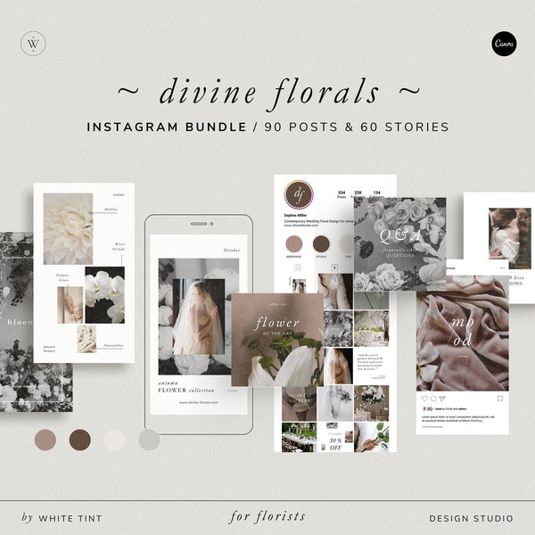 Aesthetic Instagram Bundle For Wedding Florists And Floral Designer, Modern Canva Social Media Templates, Flower Shop IG Stories And Posts