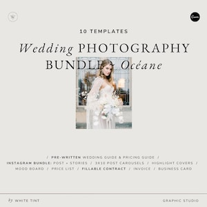 Könnte beinhalten: Ein Hochzeitsfotografie-Paket-Template mit 10 Vorlagen für Instagram-Posts, Stories, Karussells, Highlight-Cover, Moodboards, Preislisten, Verträge, Rechnungen und Visitenkarten. Das Template zeigt eine Braut in einem weißen Kleid mit einem Blumenstrauß. Der Text "Wedding Photography Bundle Océane" ist im Bild zu sehen.
