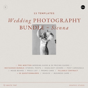 Marketingbundel moderne fotografie Canva-sjablonen, vooraf geschreven welkomstgids bruiloft, prijsgids, Instagram-bundel, invulbaar contract