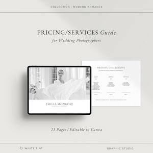 May include: A black and white graphic design for wedding photographers. The design includes the text "PRICING/SERVICES Guide for Wedding Photographers" and "EMILIA MONROSE". The design is 21 pages and editable in Canva.