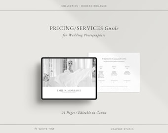 Guía de precios y servicios de fotografía / Plantilla de lista de precios moderna / 21 páginas editables / Diseño profesional en Canva