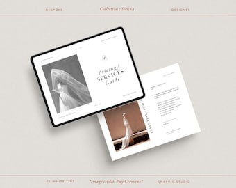 Guía moderna de precios para fotografía de bodas. Contenido profesional preescrito. 27 páginas. Totalmente editable en Canva.