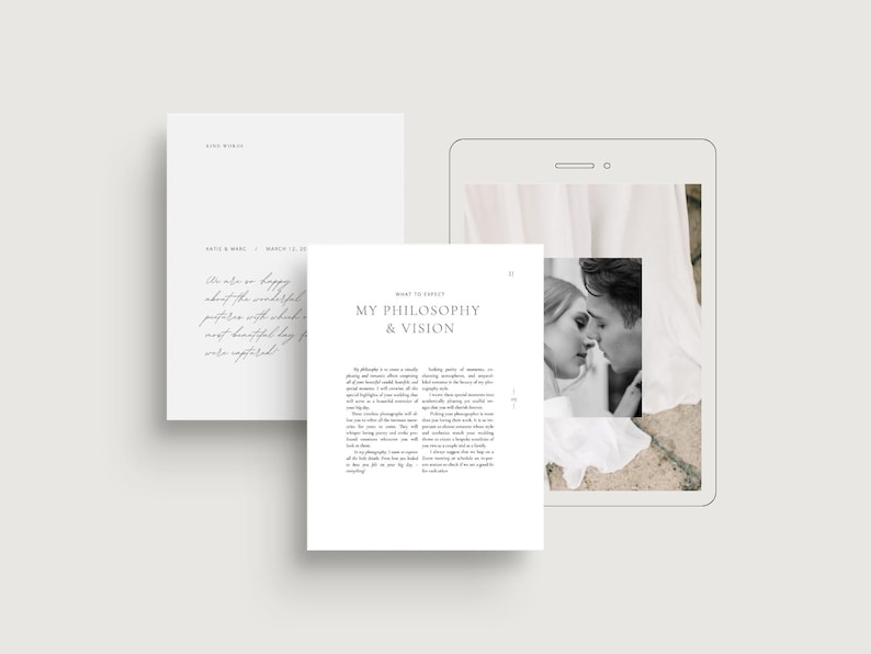 modern elegant wedding photography pricing services guide template for wedding photographers editable in Canva white tint design