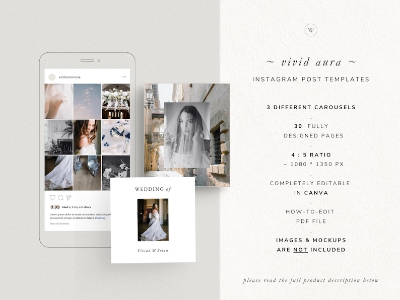 luxurious timeless minimal social media instagram carousel post templates editable in canva for wedding photographers