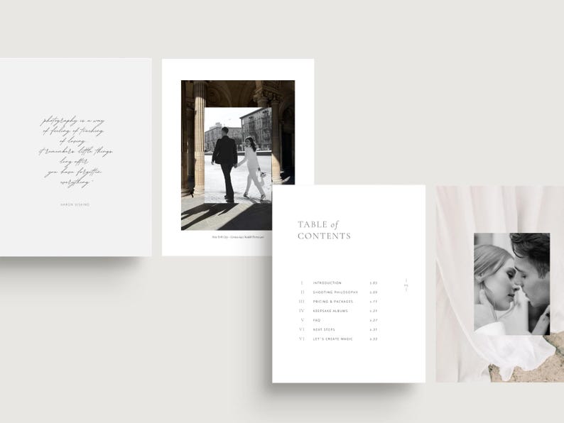 modern elegant wedding photography pricing services guide template for wedding photographers editable in Canva white tint design