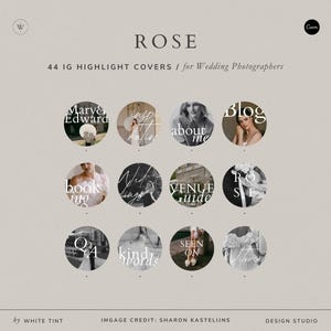 Puede incluir: Un gráfico beige con la palabra "ROSE" en la parte superior y el texto "44 IG HIGHLIGHT COVERS / for Wedding Photographers". La imagen presenta 12 iconos circulares con texto como "Mary & Edward" y "Blog".