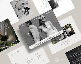 May include: A collection of wedding-themed publications and guides, featuring black and white photography. The central piece is a guide titled "the SERVICE INVESTMENT Guide". Other pages include text and images related to weddings and photography.