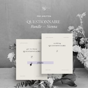 Könnte beinhalten: Zwei cremefarbene, rechteckige Dokumente mit den Titeln Pre-Written Questionnaire Bundle - Sienna, get to know QUESTIONNAIRE und wedding QUESTIONNAIRE. Ein violetter rechteckiger Balken mit dem Wort fillable und ein schwarzer Cursor.