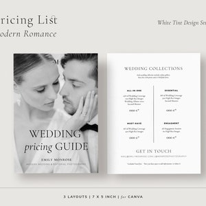 Lista de preços de fotografia moderna, folha de preços de serviço mínimo para fotógrafos de casamento, guia de preços para impressão, modelo Canva, cartão promocional
