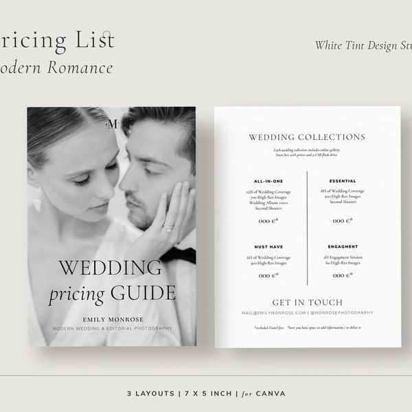 Modern Photography Pricing List, Minimal Service Price Sheet for Wedding Photographers, Printable Pricing Guide Canva Template, Promo Card