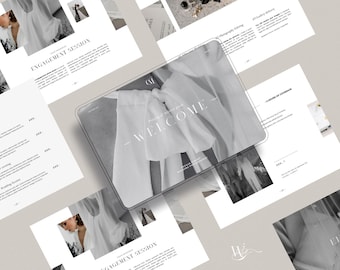 May include: A collection of wedding photography marketing materials, including brochures and a tablet. The tablet displays the word "WELCOME" and a bow. The brochures feature photos of a bride and groom, and text about engagement sessions.