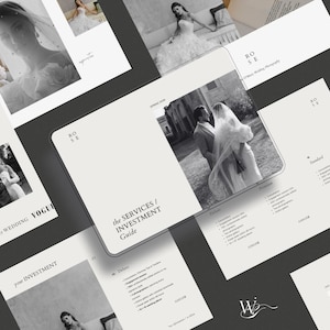 Puede incluir: Una colección de folletos y materiales promocionales para servicios de fotografía de bodas. El diseño presenta fotografías en blanco y negro de novias y parejas, con texto que incluye "the SERVICES / INVESTMENT Guide" y "RO SE". La estética general es elegante y minimalista.