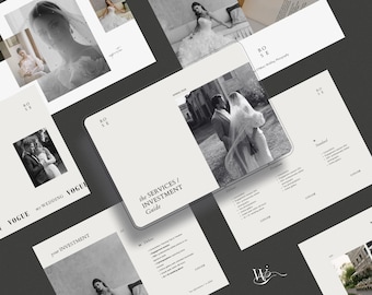 May include: A collection of brochures and promotional materials for wedding photography services. The layout features black and white photographs of brides and couples, with text including "the SERVICES / INVESTMENT Guide" and "RO SE". The overall aesthetic is elegant and minimalist.