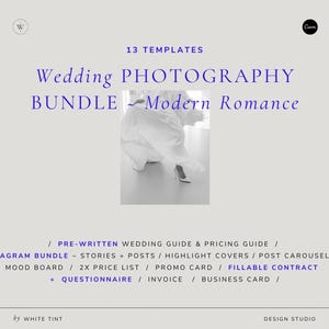 Pacote de Fotografia de Casamento Moderno, Modelos do Canva para Fotógrafos, Guia de Boas-Vindas para Casamentos Elegantes, Guia de Preços, Pacote Minimalista para Instagram