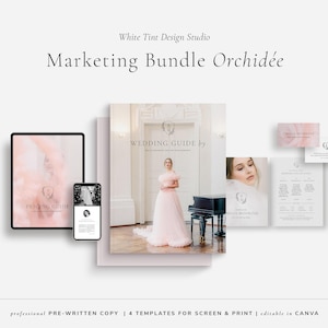 Pacchetto marketing elegante per la fotografia di matrimonio per CANVA, guida ai prezzi dei servizi, modello di rivista con guida di benvenuto per i clienti, listino prezzi moderno