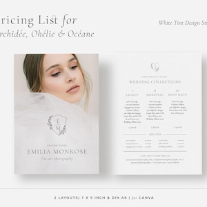 Lista de preços moderna para fotógrafos de casamento, modelo elegante de preços para fotografia no Canva, folheto promocional para impressão para pequenas empresas
