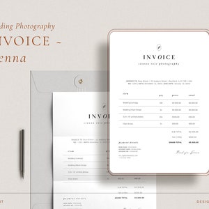 Plantilla de factura moderna para fotógrafos de bodas, elegante formulario de pago imprimible para empresas en Canva, carta de facturación para clientes de fotografía.