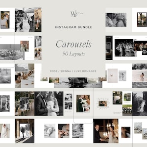 Könnte beinhalten: Ein digitales Instagram-Paket mit 90 Karussell-Layouts und dem Text "INSTAGRAM BUNDLE Carousels 90 Layouts ROSE / SIENNA / LUXE ROMANCE". Die Sammlung zeigt verschiedene schwarz-weiße Hochzeitsfotografien in unterschiedlichen Rasteranordnungen.