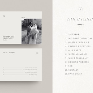 May include: A minimalist wedding services investment guide with a black and white photo of a couple. The guide includes a table of contents with sections like 'Pricing & Services' and 'Wedding Album'.