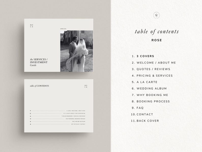May include: A minimalist wedding services investment guide with a black and white photo of a couple. The guide includes a table of contents with sections like 'Pricing & Services' and 'Wedding Album'.