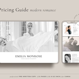 Modern minimal Wedding photography pricing guide template with fully pre-written copy, elegant price list for photographers, for CANVA