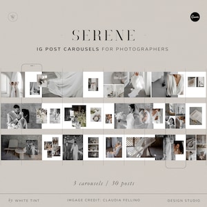 Peut inclure: Un ensemble de 30 carrousels de publications Instagram pour photographes, présentant une esthétique minimaliste axée sur la photographie de mariage. Les carrousels sont conçus pour aider les photographes à mettre en valeur leur travail et à attirer de nouveaux clients.