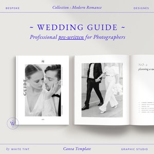 Guía de bienvenida de bodas para fotógrafos con contenido profesional preescrito, revista de fotografía de bodas, diseño moderno editable en Canva