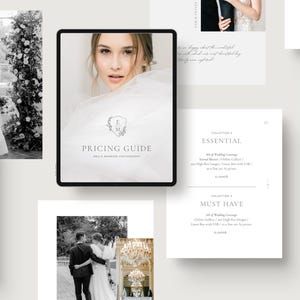 modern elegant wedding photography pricing services guide template for wedding photographers editable in Canva white tint design