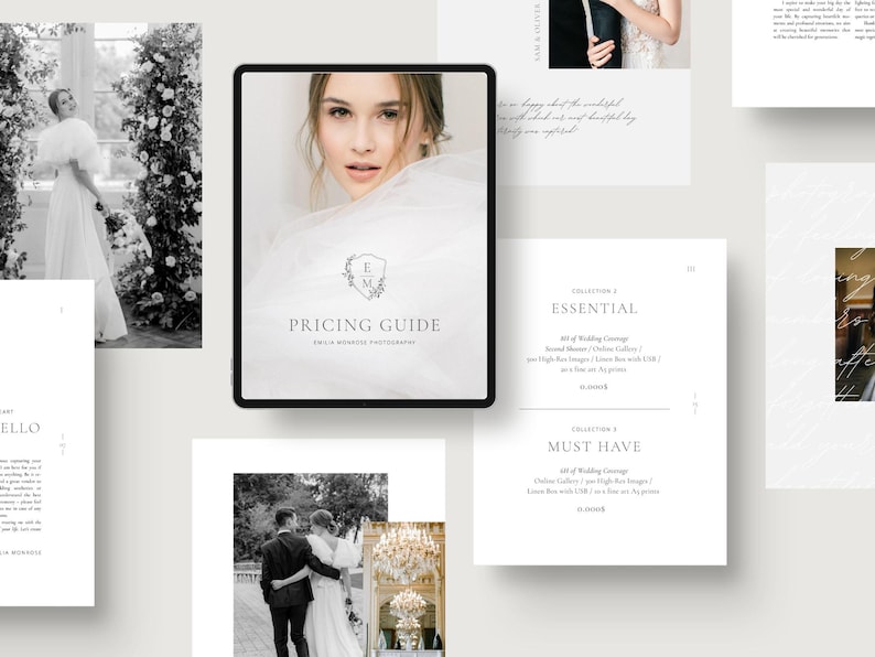 modern elegant wedding photography pricing services guide template for wedding photographers editable in Canva white tint design