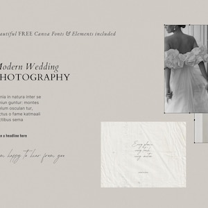 May include: A digital design layout with the text "Modern Wedding Photography" and "Beautiful FREE Canva Fonts & Elements included." Includes a black and white photo of a bride and handwritten text.