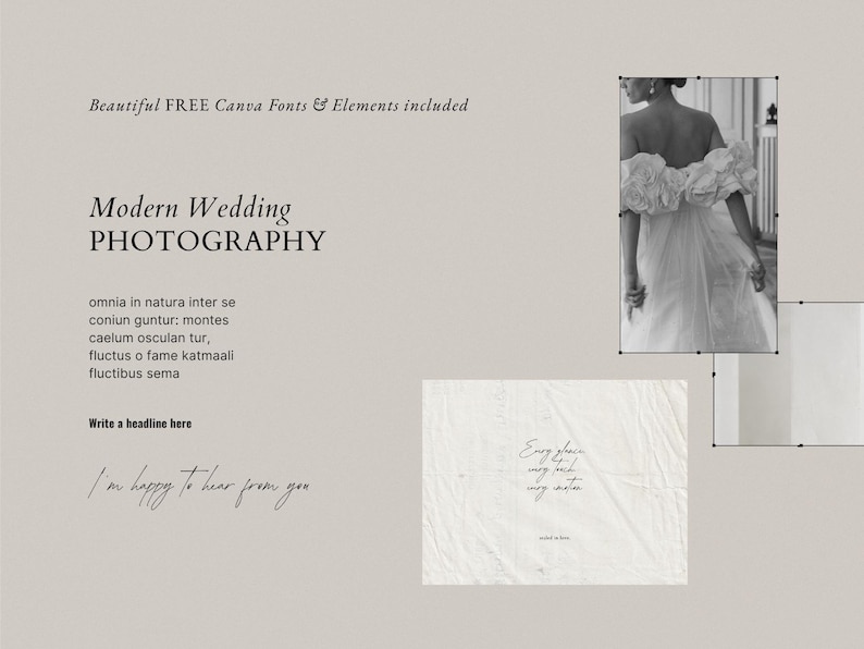May include: A digital design layout with the text "Modern Wedding Photography" and "Beautiful FREE Canva Fonts & Elements included." Includes a black and white photo of a bride and handwritten text.