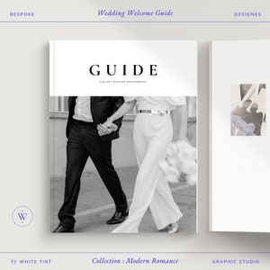 Guía de bienvenida de bodas para fotógrafos con contenido profesional preescrito, diseño moderno editable en Canva, revista de fotografía de bodas