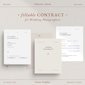 Könnte beinhalten: Drei druckbare Hochzeitsvertragsvorlagen im minimalistischen Stil mit hellbeigefarbenem Hintergrund und braunem Text. Die Vorlagen sind mit "01 Hochzeitsvertrag", "Hochzeitsvertrag" und "03 Buchungsinformationen" betitelt.