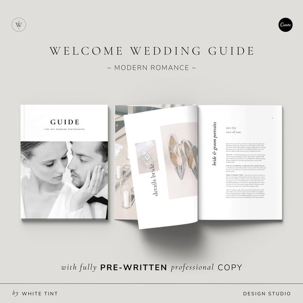Guide de bienvenue moderne Canva pour les photographes de mariage avec contenu pré-rédigé, photographie élégante